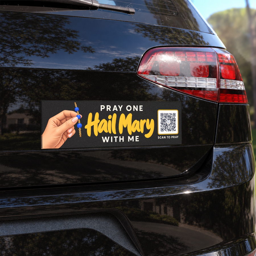 Black One Hail Mary Car Magnet close-up on a glossy black vehicle