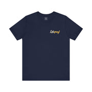 Front of the navy Pray One Hail Mary With Me T-Shirt, with an ivory and gold Let's pray! chest print.