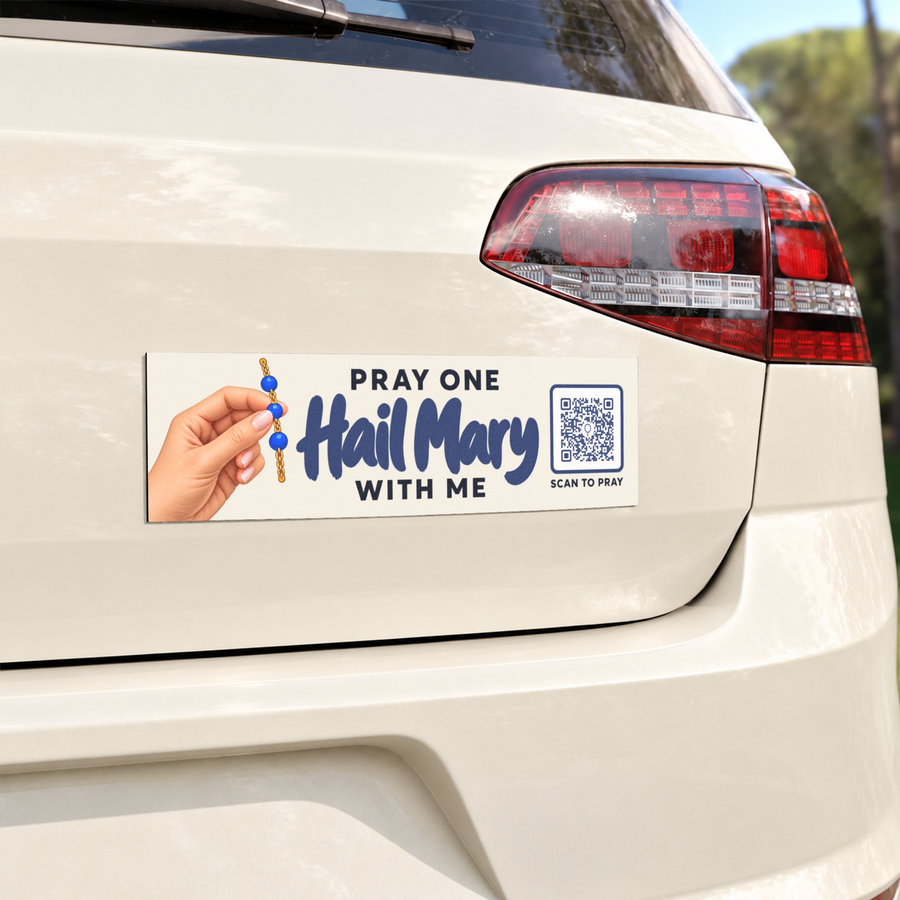 Soft Ivory One Hail Mary Car Magnet closeup on a matching warm ivory car