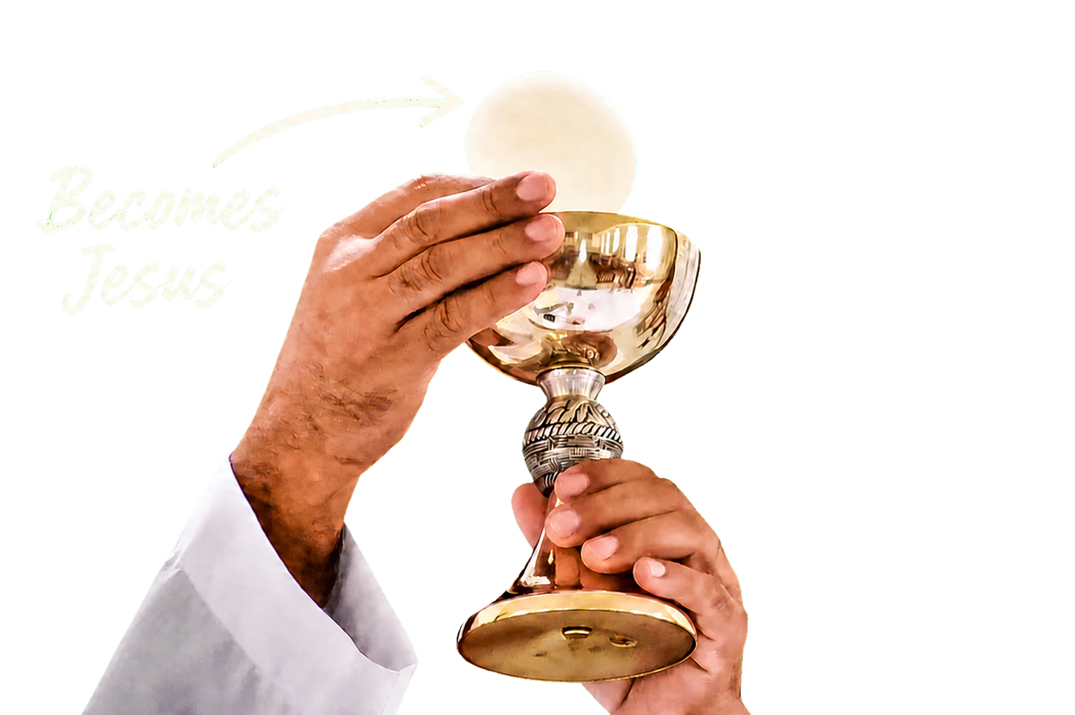A priest elevating the Eucharist over a chalice with the words Becomes Jesus