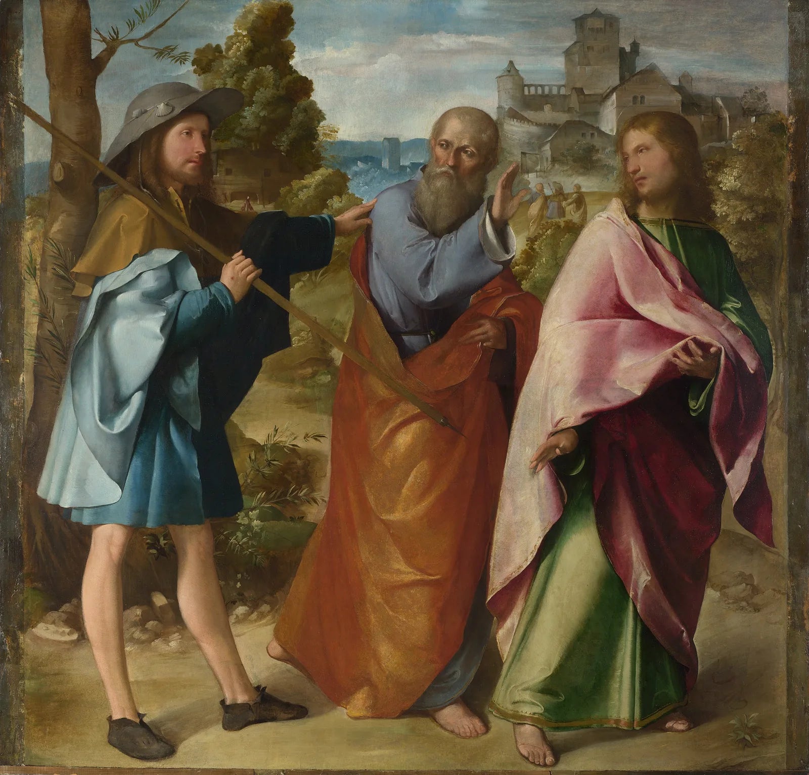 Altobello Melone’s Road to Emmaus: Jesus, dressed as a pilgrim with a broad hat and a staff, walks with two disciples.